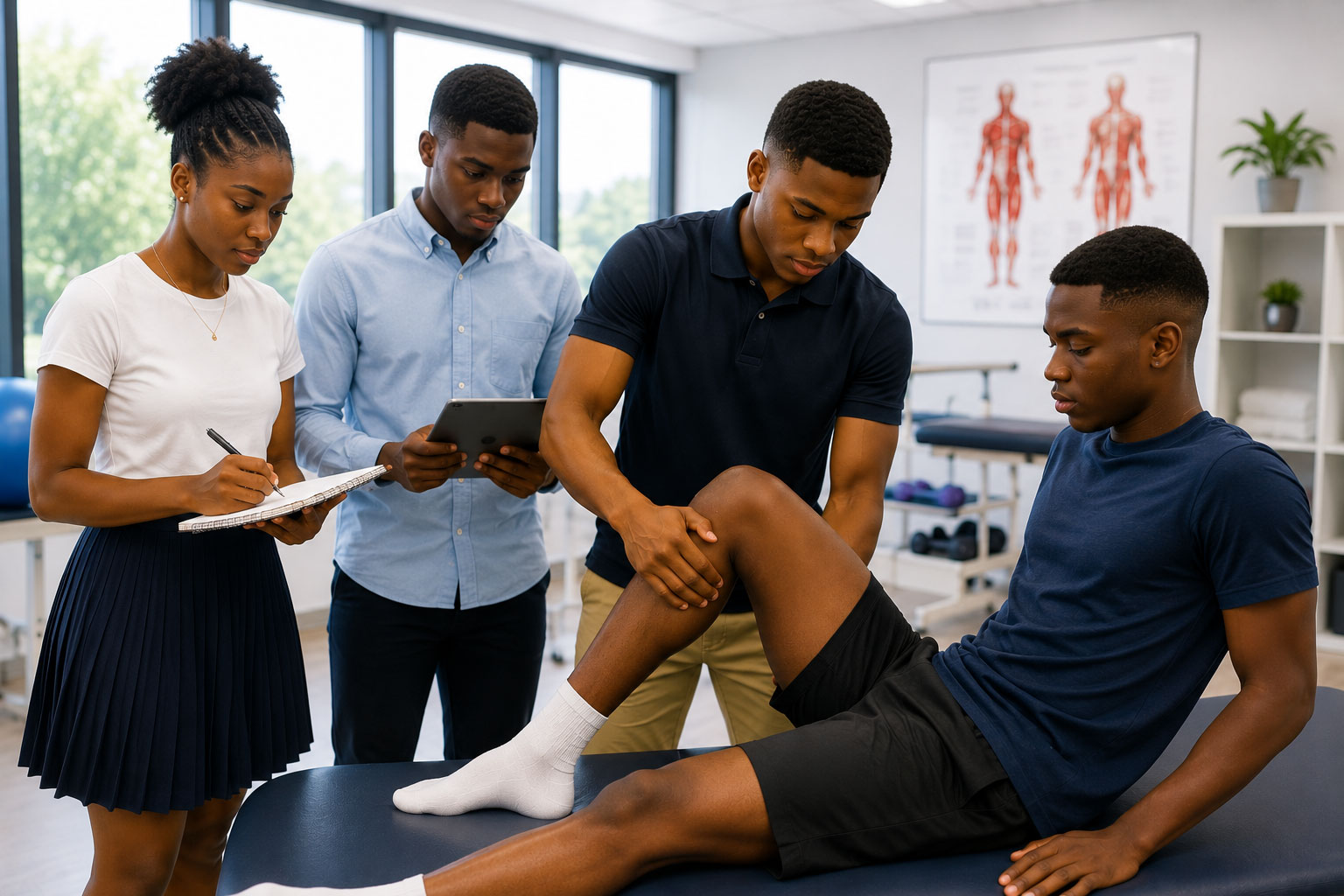 Physiotherapy students practising rehabilitation techniques