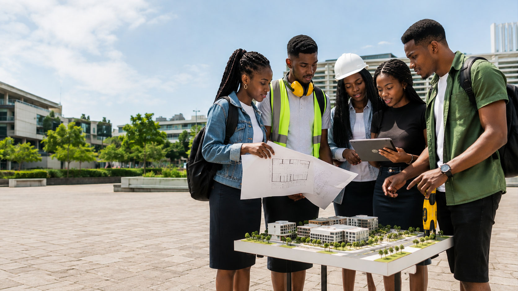 Young environmental sciences students discussing plans on a modern campus