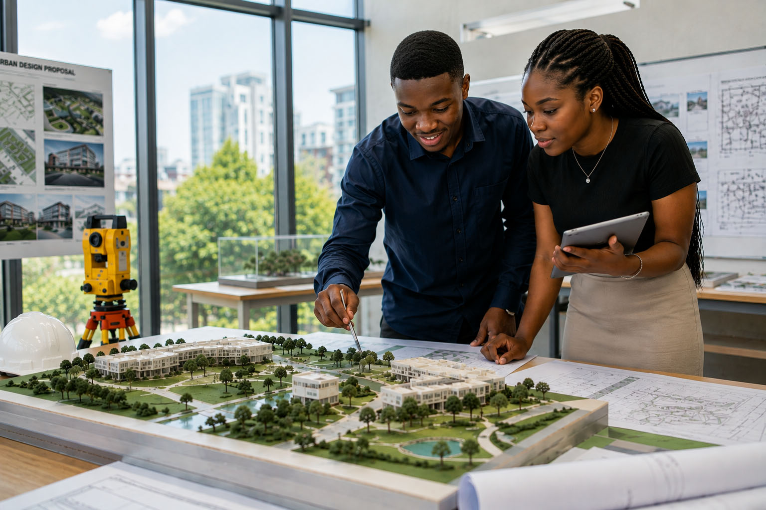 Environmental sciences students reviewing plans and a building model