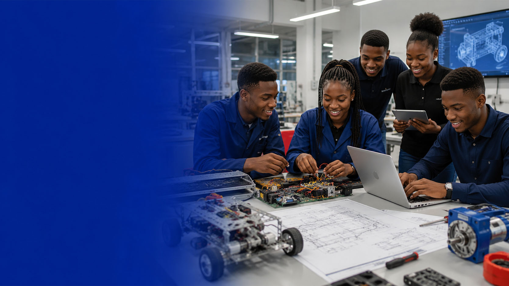 Young engineering students collaborating in a modern engineering lab