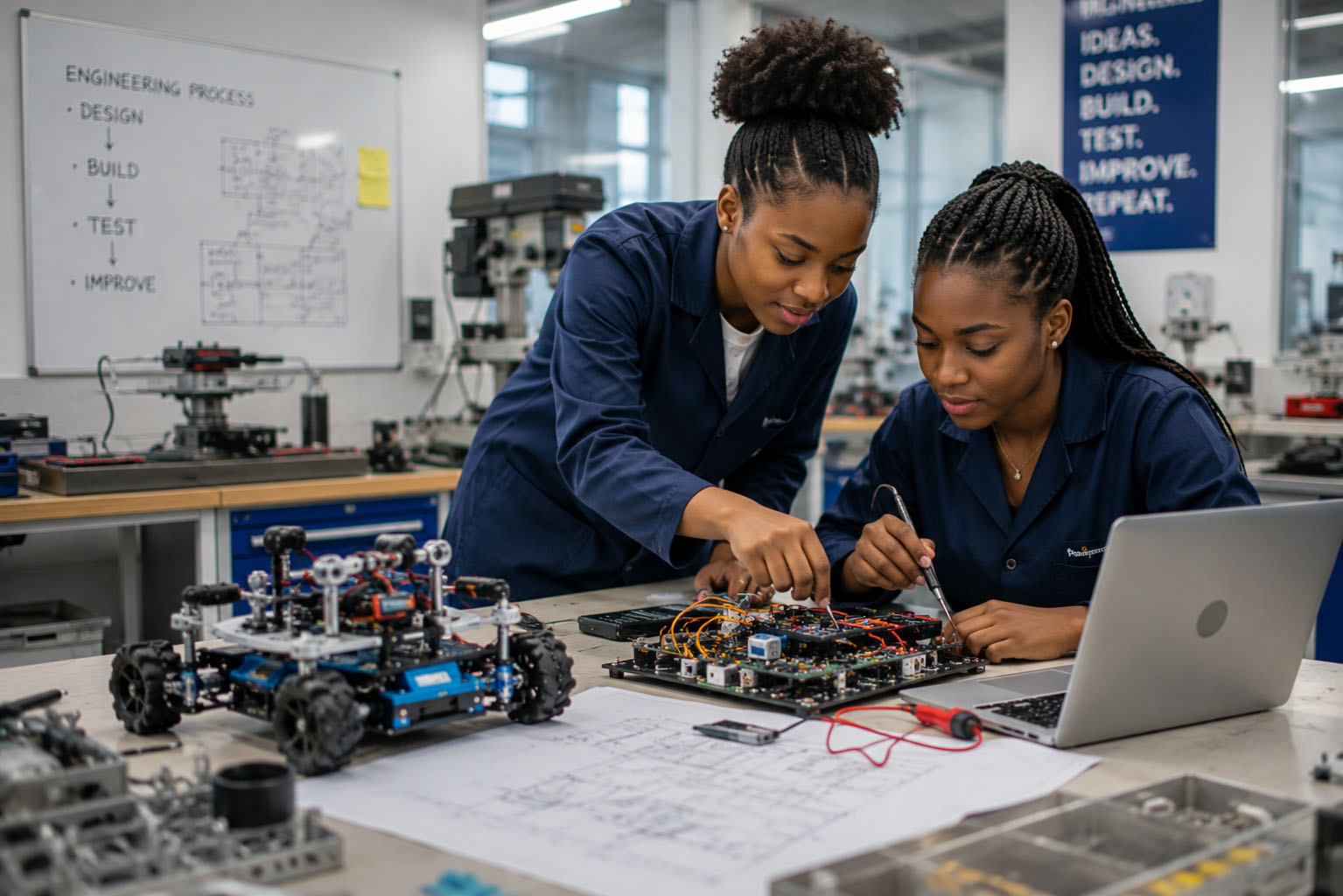 Engineering students working together on a practical project