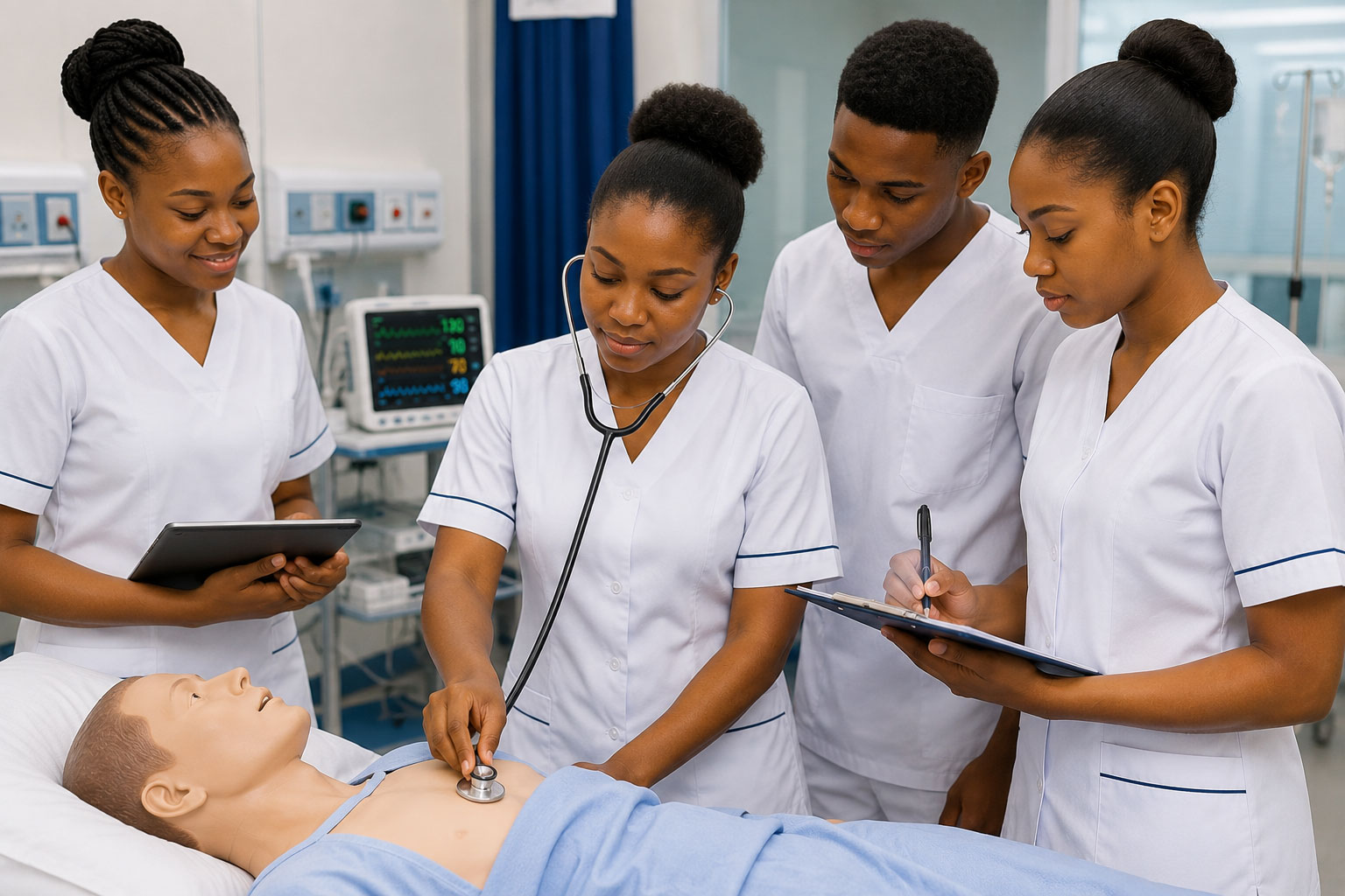 Nursing students practising patient care skills